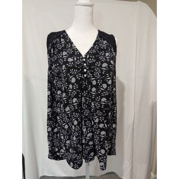 LUCKY BRAND Women’s Plus V-Neck Tank Top BLACK FLORAL Eyelet Plus Size 2X XXL - Picture 1 of 12